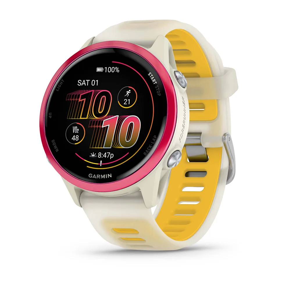 Garmin Forerunner 570 –  42 MM Raspberry Aluminium With Translucent Bone/mango Band